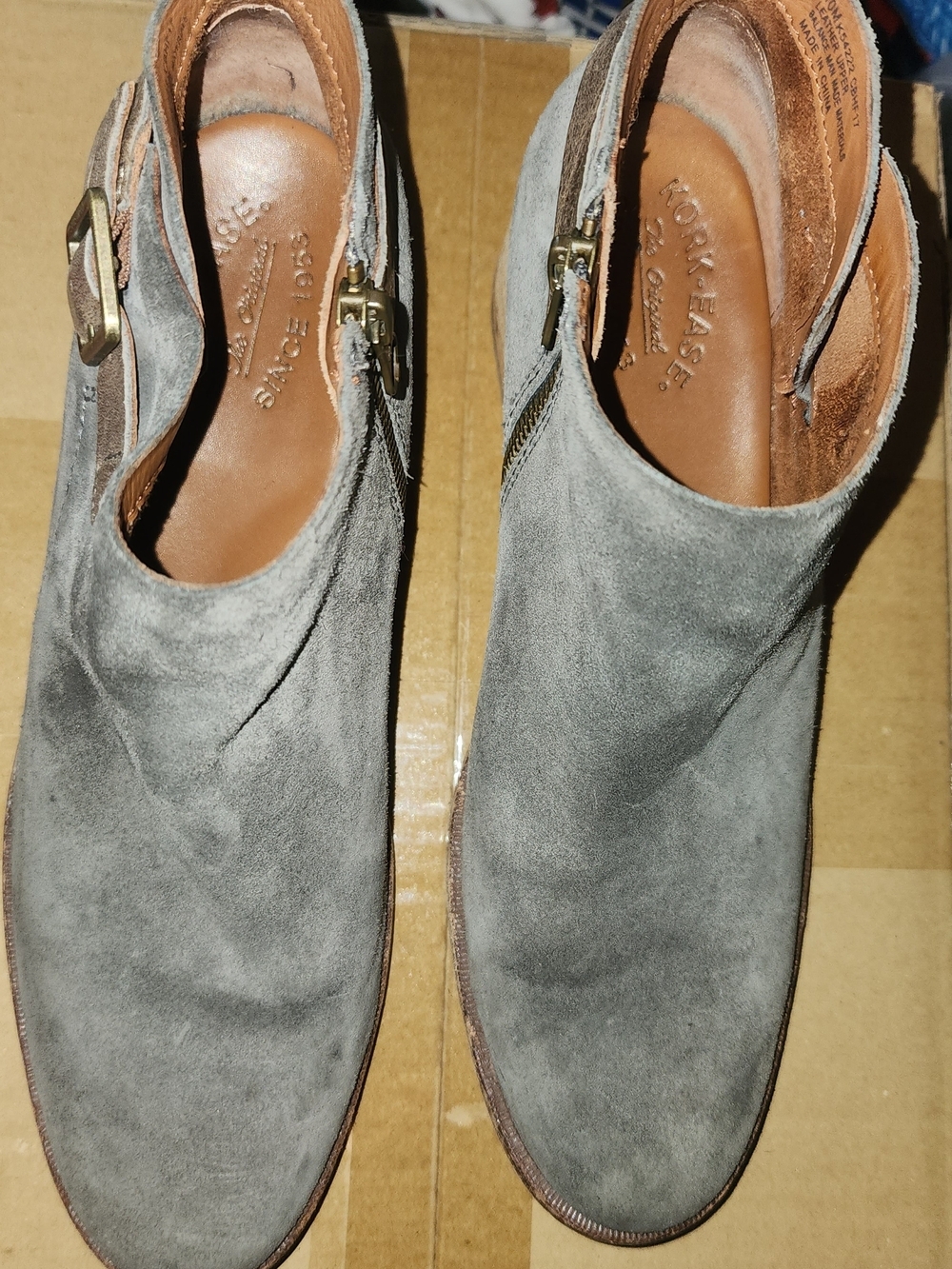 Kork-Ease Gray Suede Ankle Booties with Side Zip & Buckle